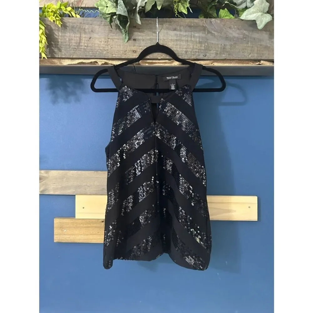 White House Black Market Black Sequin Top Sz Large EUC Worn Once